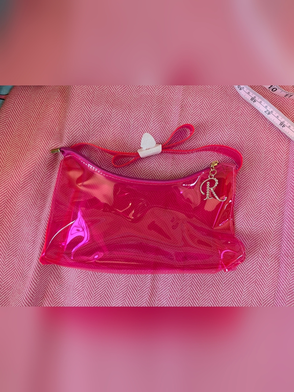 Revolution BeautyHot Pink Clear Vinyl Shoulder Bag with Rhinestone Initial Charm